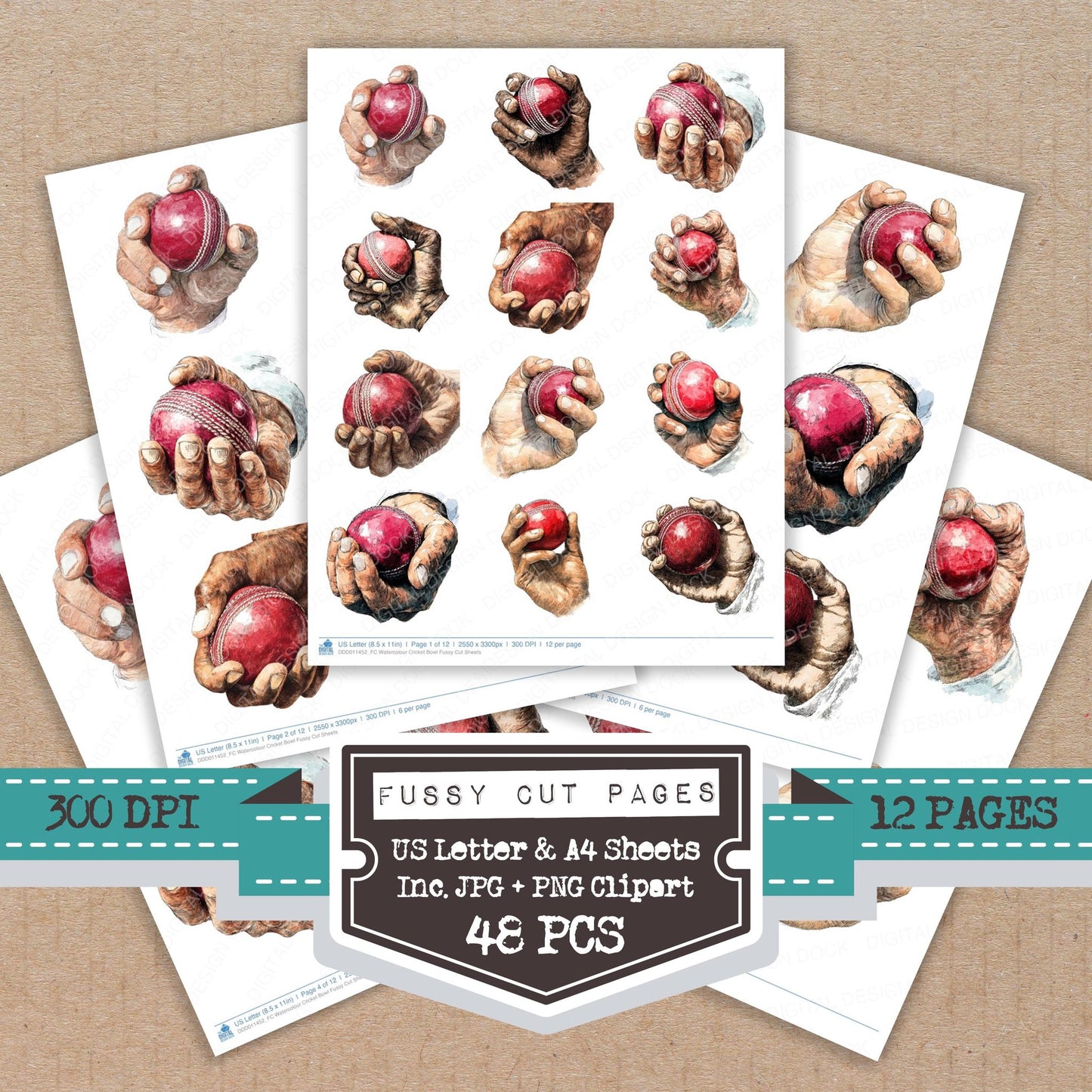 Watercolour Cricket Bowl fussy cut printable sheets for junk journaling, scrapbooking, and paper craft projects