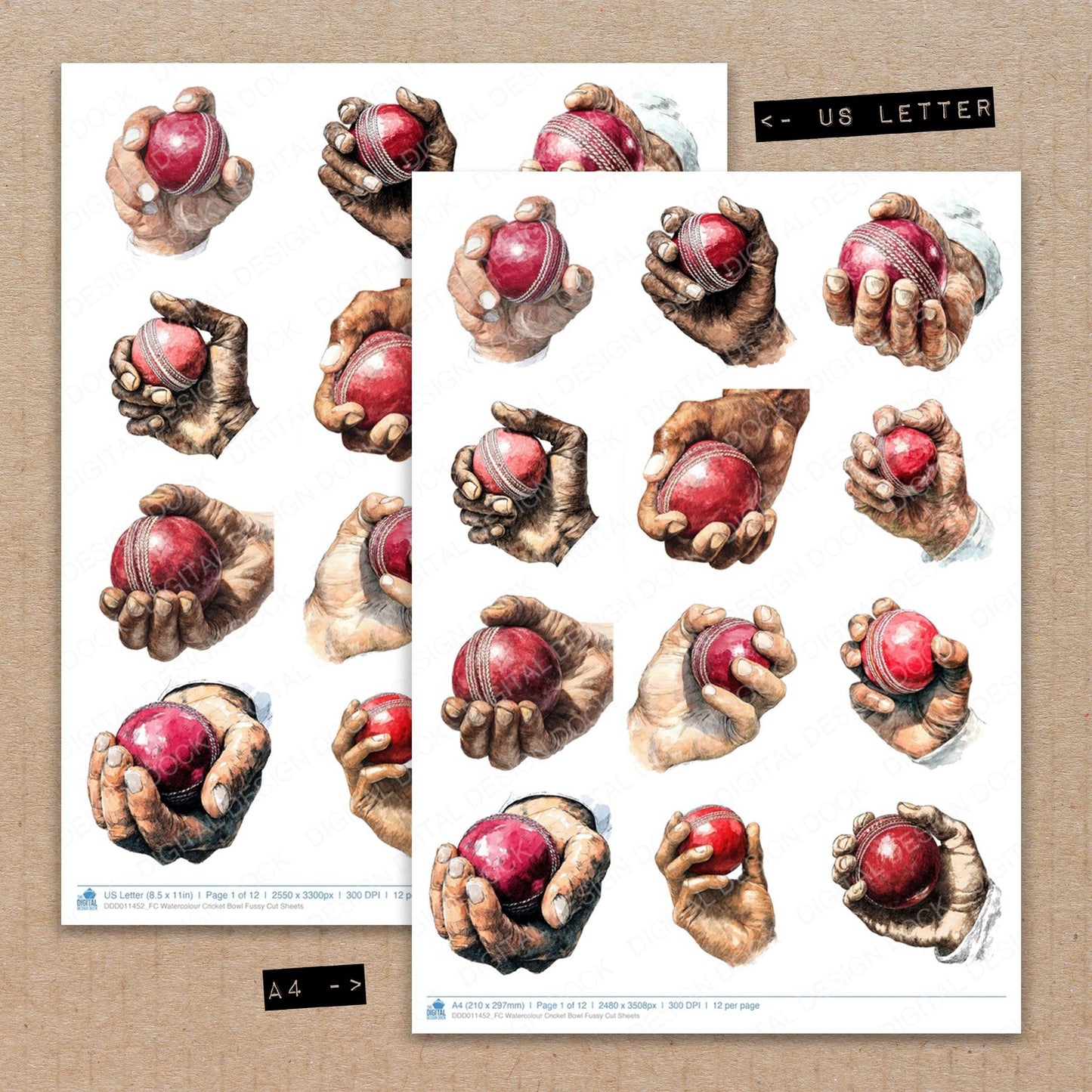 A4 and US Letter format comparison showing Watercolour Cricket Bowl fussy cut pages for print and cut crafting