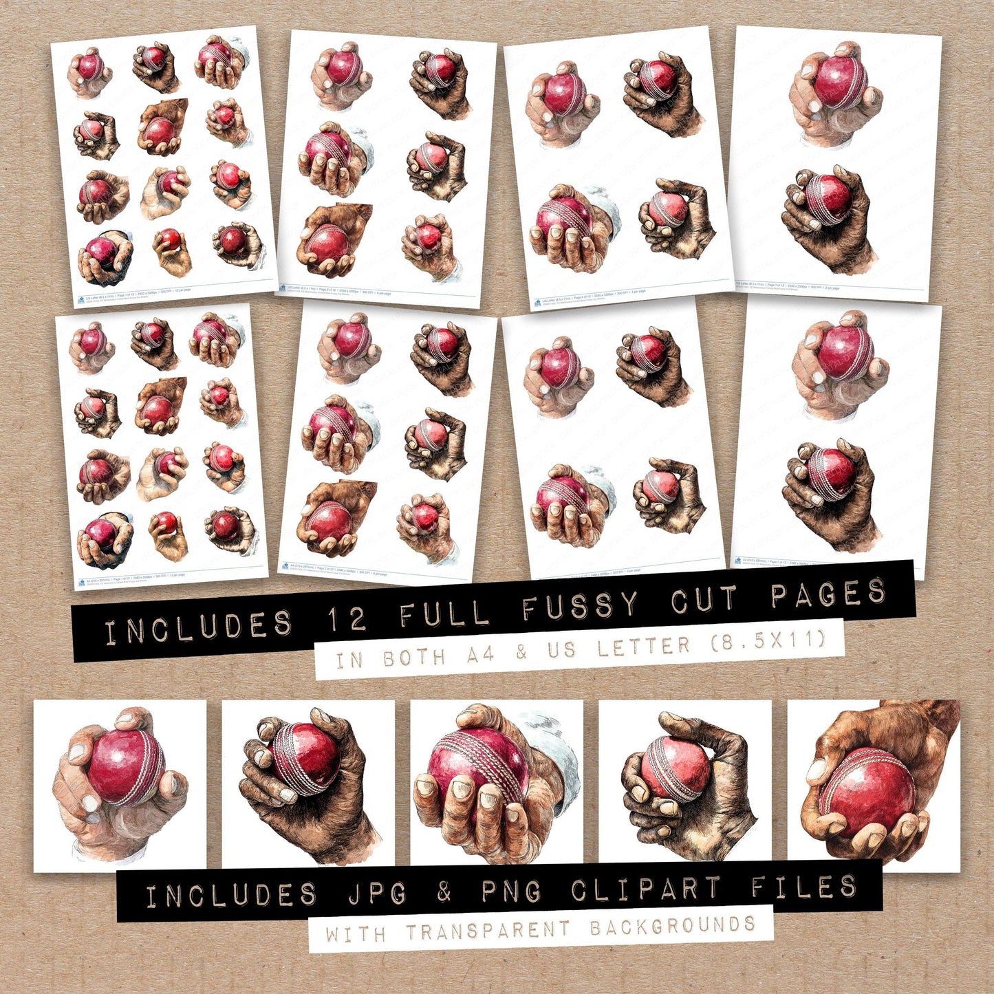 Full collection view of Watercolour Cricket Bowl fussy cut sheets with bonus clipart JPG and PNG files