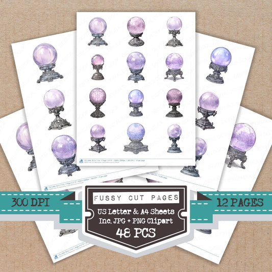 Watercolour Crystal Ball fussy cut printable sheets for junk journaling, scrapbooking, and paper craft projects