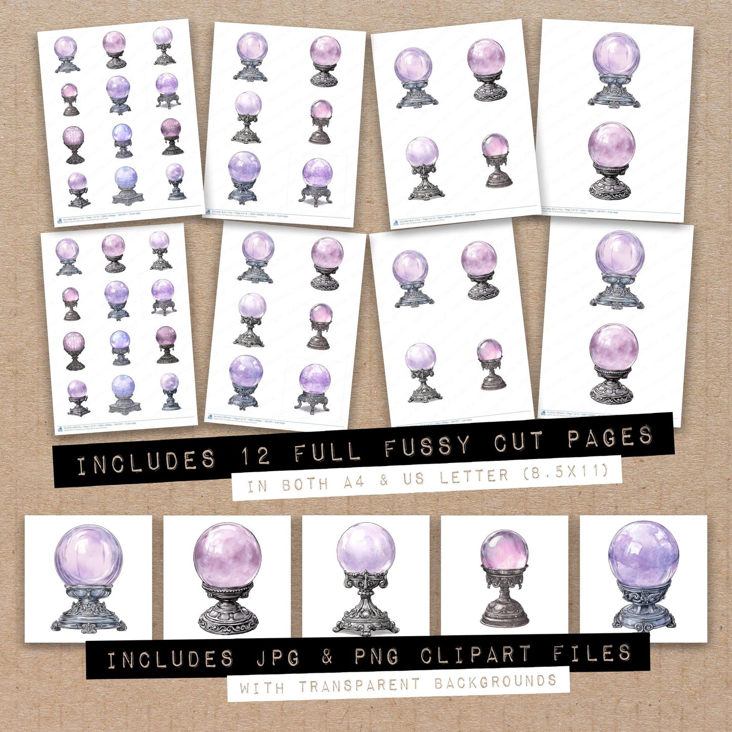 Full collection view of Watercolour Crystal Ball fussy cut sheets with bonus clipart JPG and PNG files