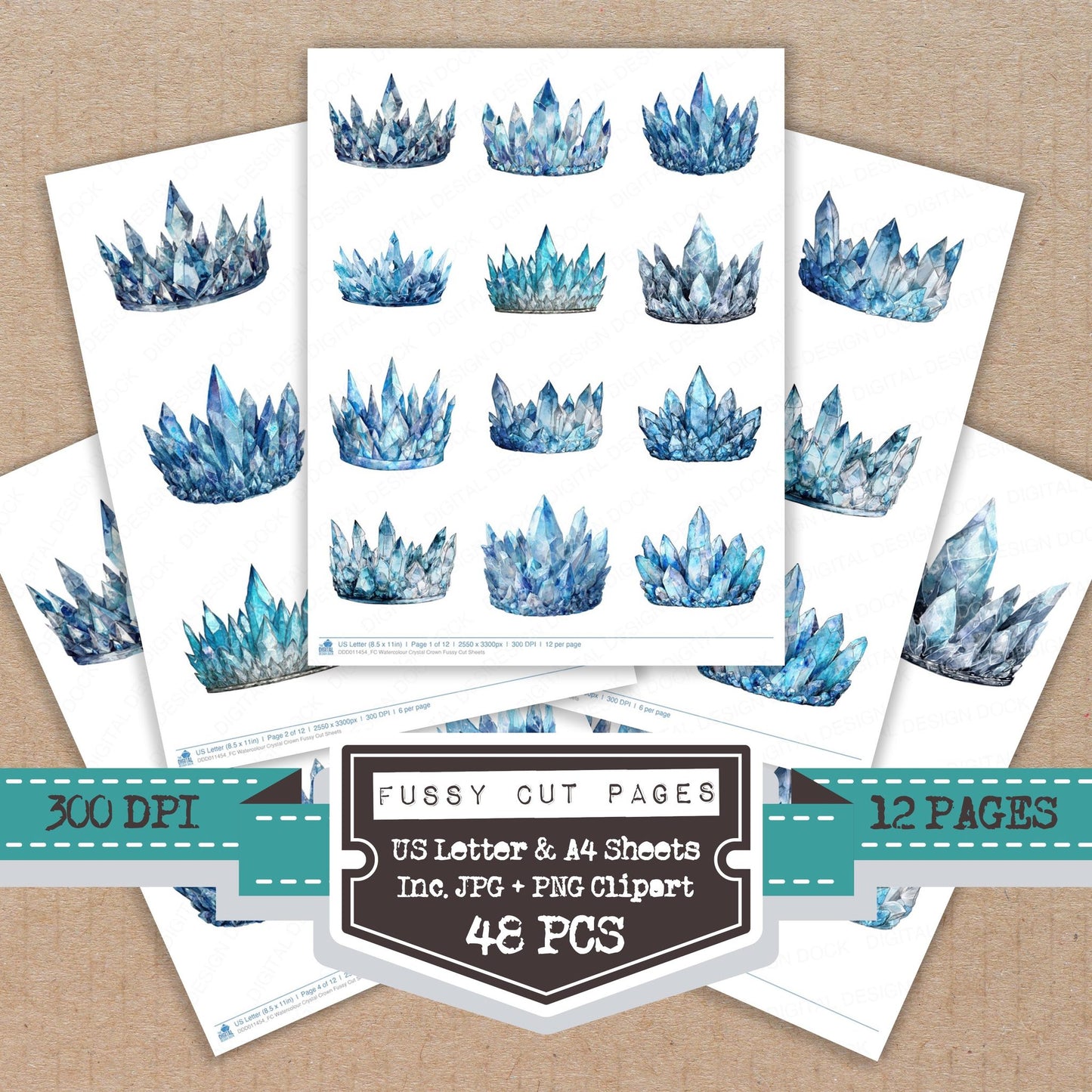 Watercolour Crystal Crown fussy cut printable sheets for junk journaling, scrapbooking, and paper craft projects