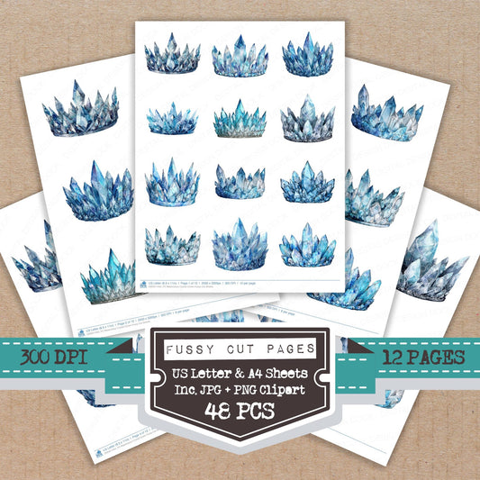Watercolour Crystal Crown fussy cut printable sheets for junk journaling, scrapbooking, and paper craft projects