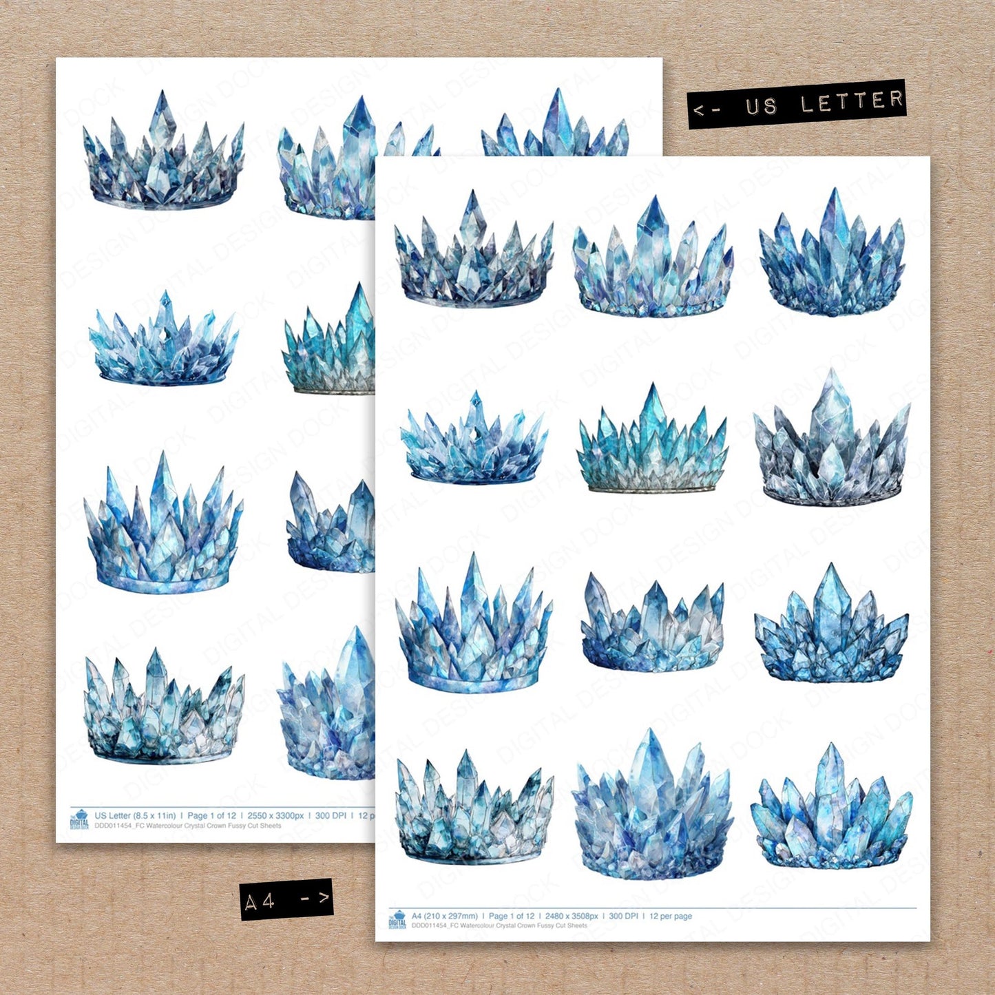 A4 and US Letter format comparison showing Watercolour Crystal Crown fussy cut pages for print and cut crafting