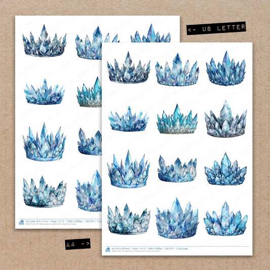 A4 and US Letter format comparison showing Watercolour Crystal Crown fussy cut pages for print and cut crafting