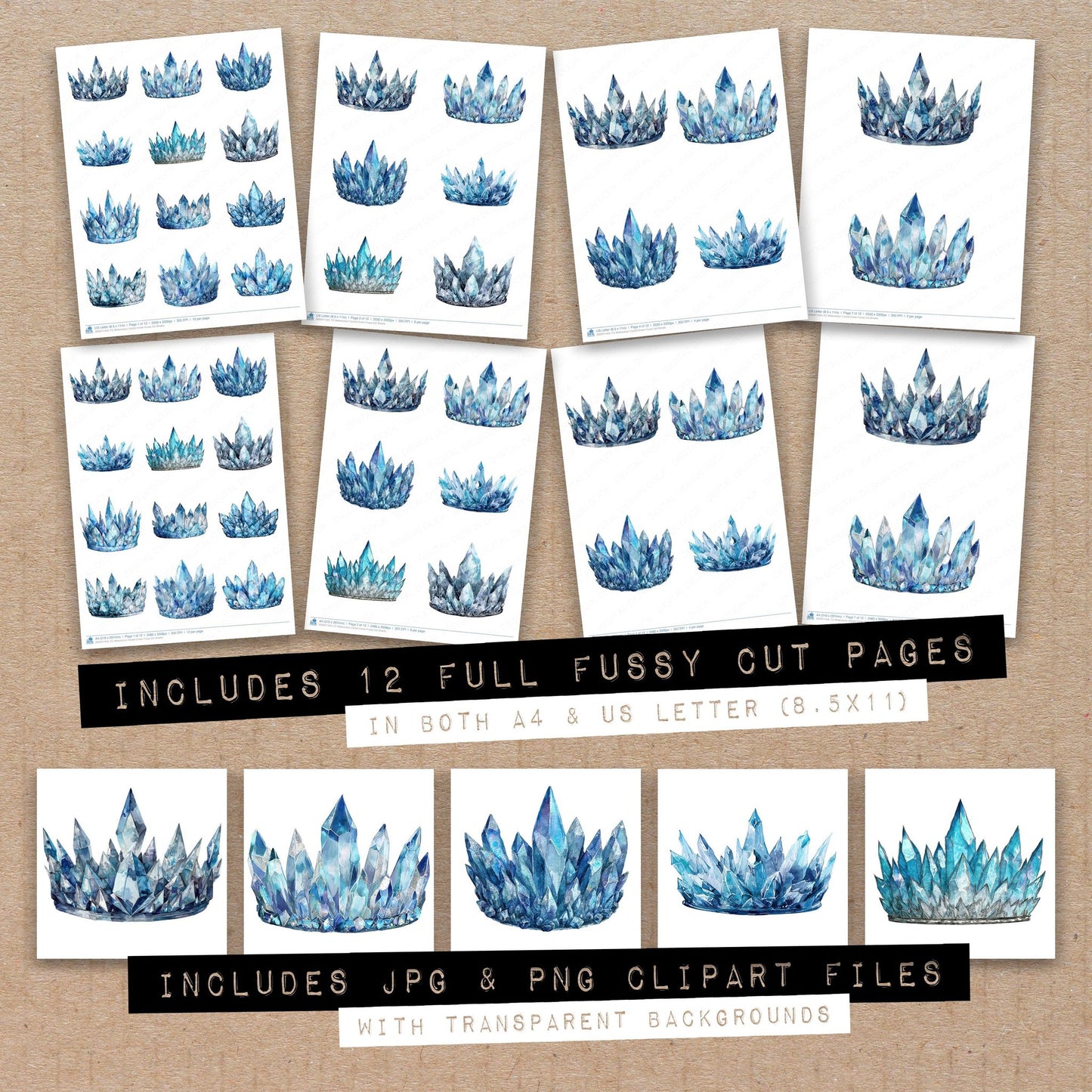 Full collection view of Watercolour Crystal Crown fussy cut sheets with bonus clipart JPG and PNG files