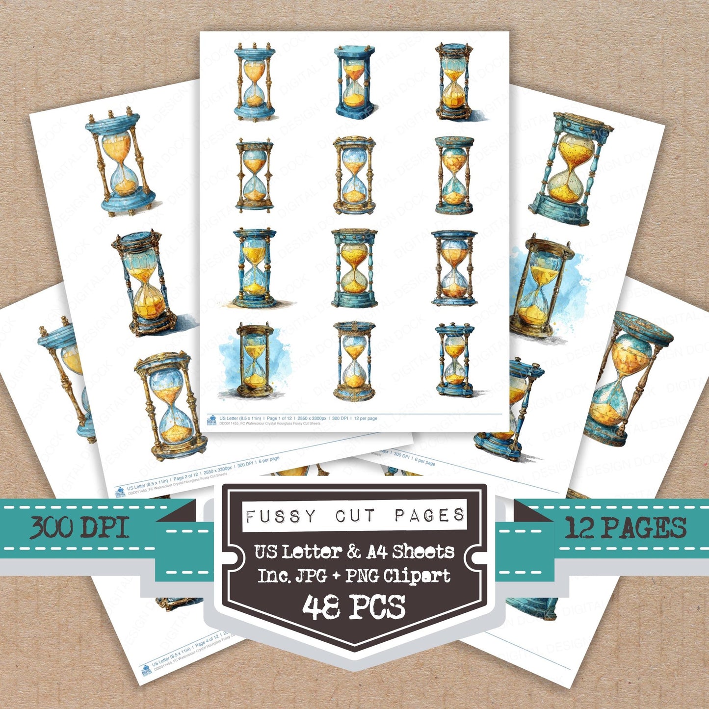 Watercolour Crystal Hourglass fussy cut printable sheets for junk journaling, scrapbooking, and paper craft projects