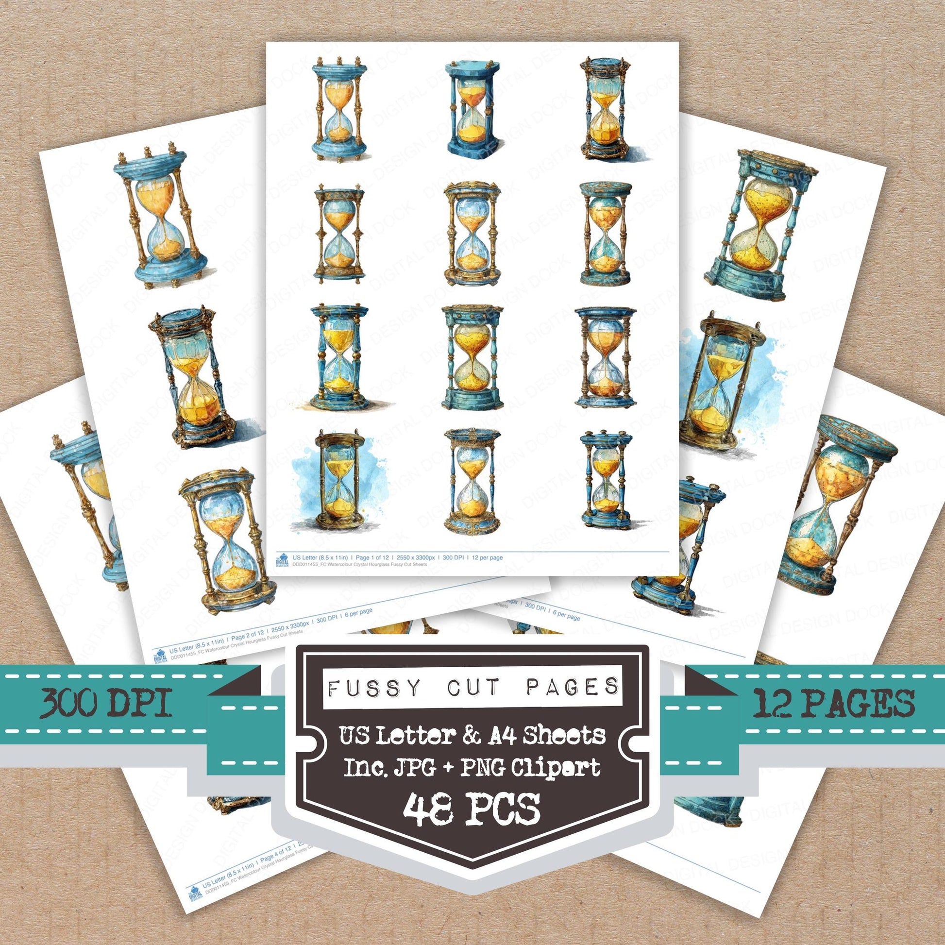 Watercolour Crystal Hourglass fussy cut printable sheets for junk journaling, scrapbooking, and paper craft projects