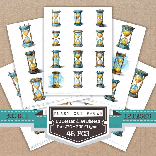 Watercolour Crystal Hourglass fussy cut printable sheets for junk journaling, scrapbooking, and paper craft projects