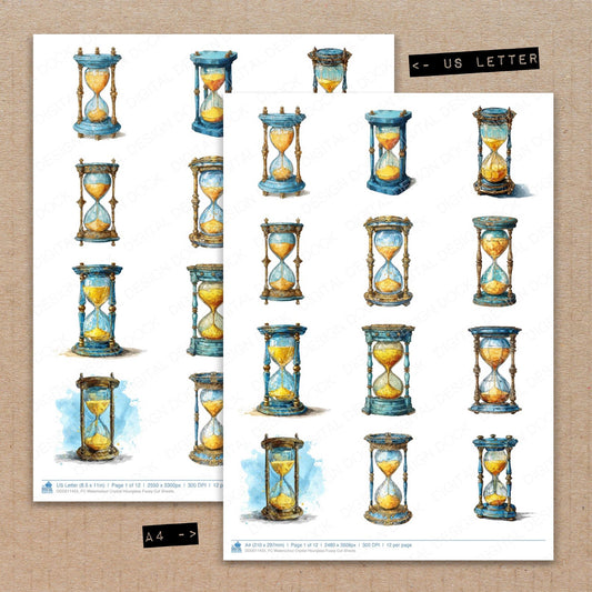 A4 and US Letter format comparison showing Watercolour Crystal Hourglass fussy cut pages for print and cut crafting