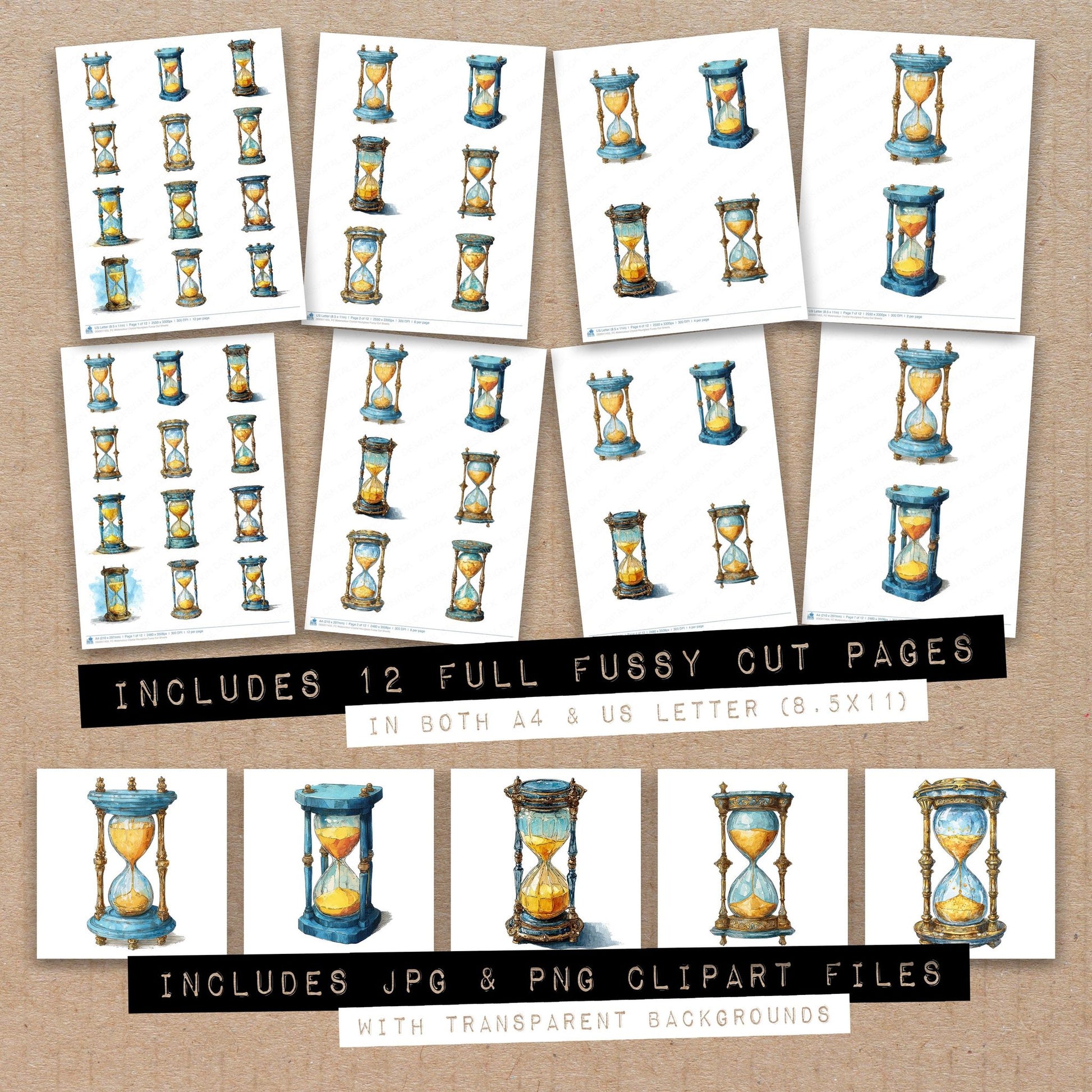 Full collection view of Watercolour Crystal Hourglass fussy cut sheets with bonus clipart JPG and PNG files