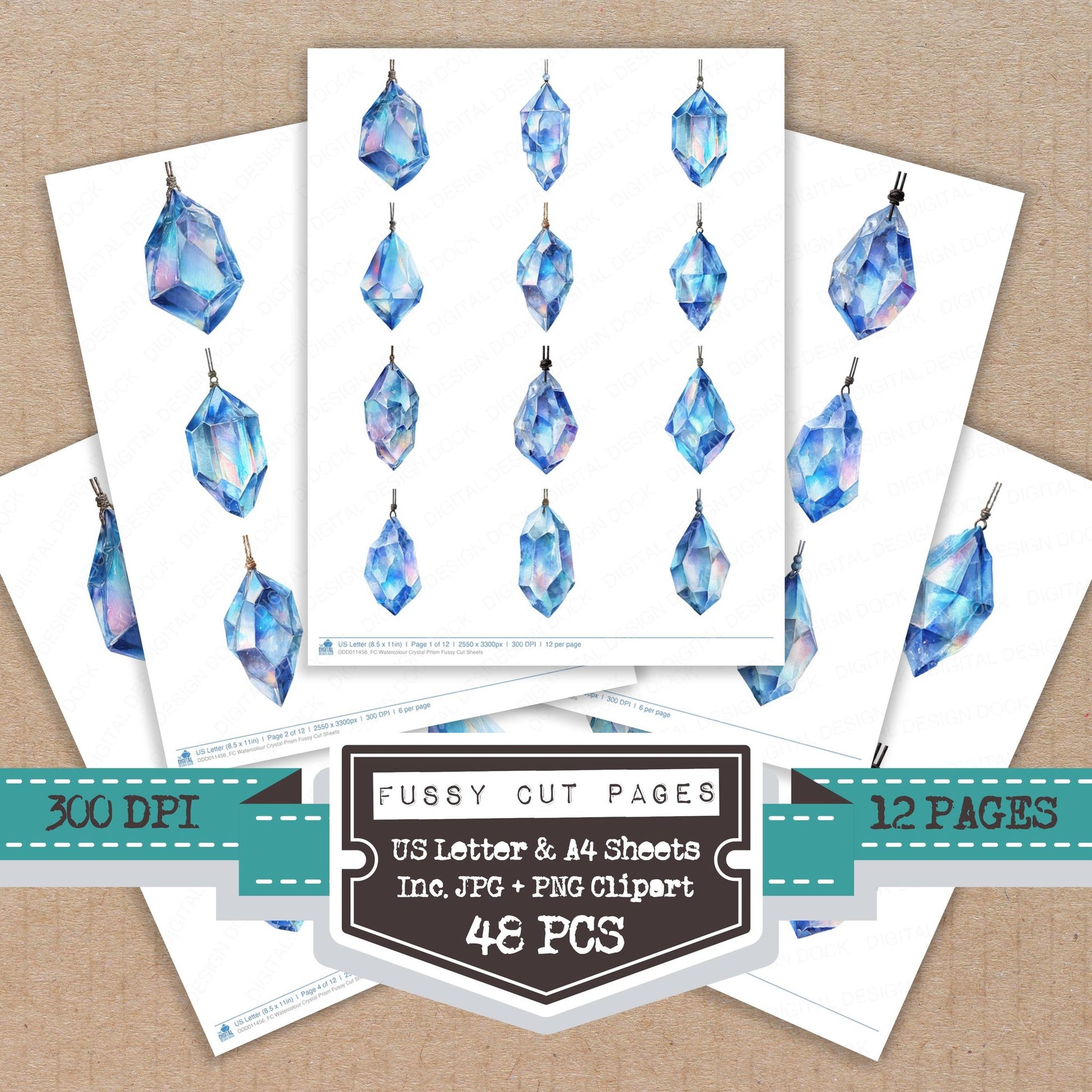 Watercolour Crystal Prism fussy cut printable sheets for junk journaling, scrapbooking, and paper craft projects