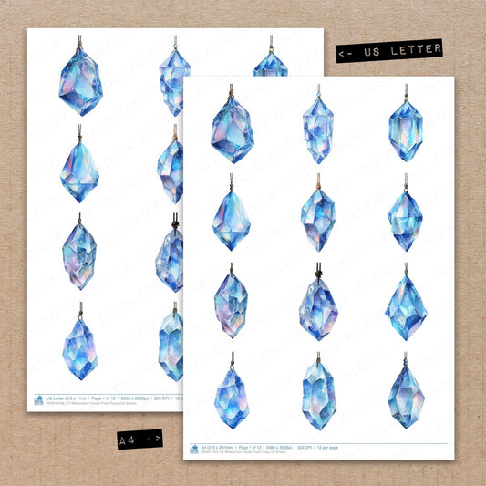 A4 and US Letter format comparison showing Watercolour Crystal Prism fussy cut pages for print and cut crafting