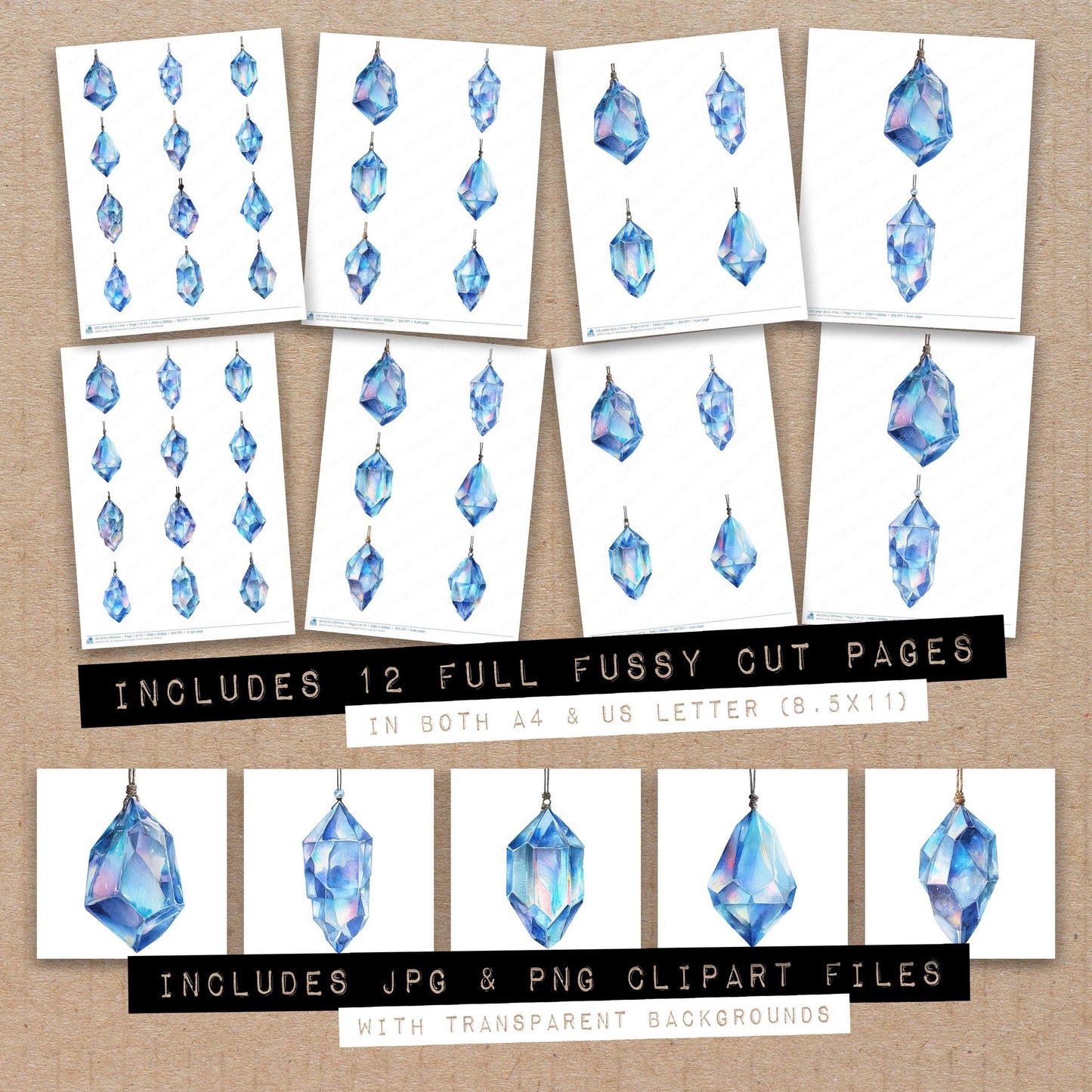 Full collection view of Watercolour Crystal Prism fussy cut sheets with bonus clipart JPG and PNG files