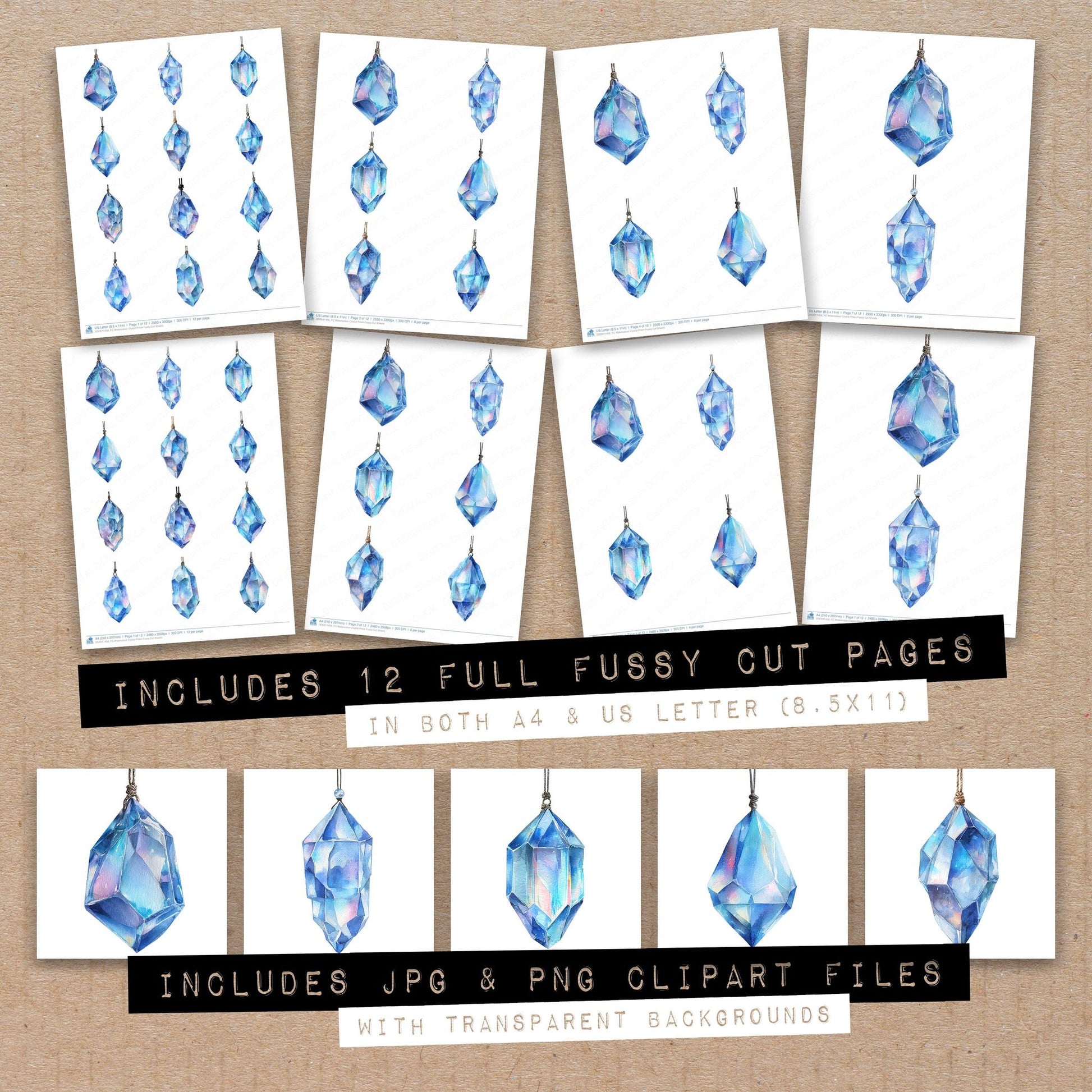 Full collection view of Watercolour Crystal Prism fussy cut sheets with bonus clipart JPG and PNG files