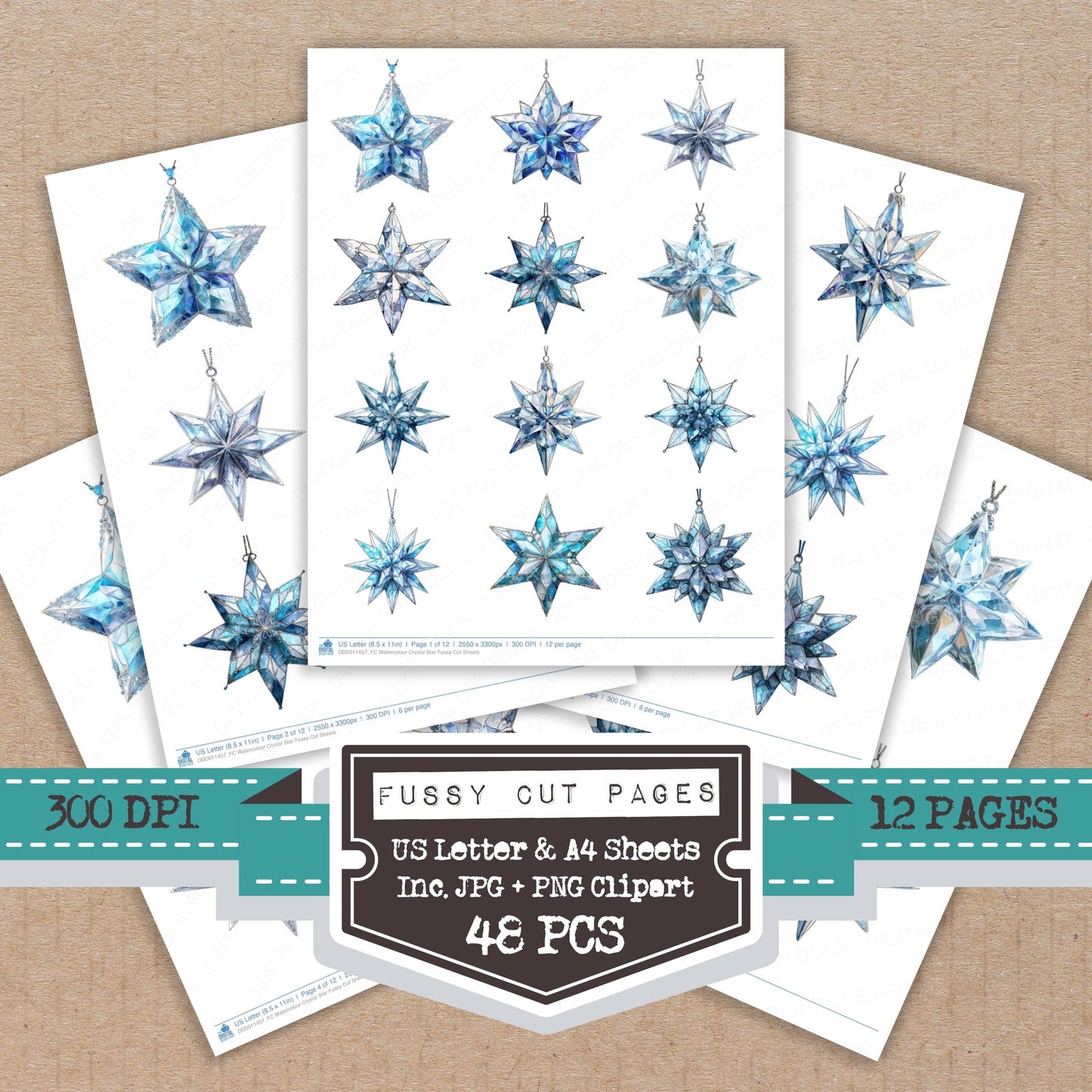 Watercolour Crystal Star fussy cut printable sheets for junk journaling, scrapbooking, and paper craft projects
