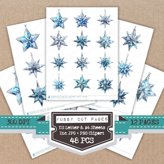 Watercolour Crystal Star fussy cut printable sheets for junk journaling, scrapbooking, and paper craft projects