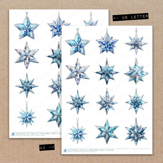A4 and US Letter format comparison showing Watercolour Crystal Star fussy cut pages for print and cut crafting