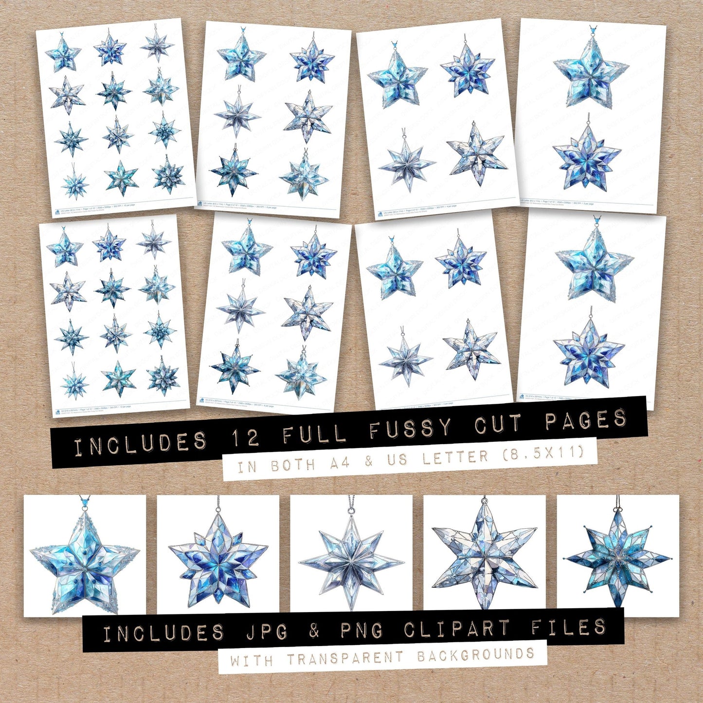 Full collection view of Watercolour Crystal Star fussy cut sheets with bonus clipart JPG and PNG files