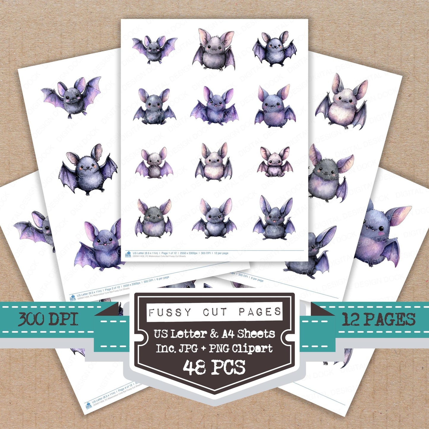 Watercolour Cute Bat fussy cut printable sheets for junk journaling, scrapbooking, and paper craft projects