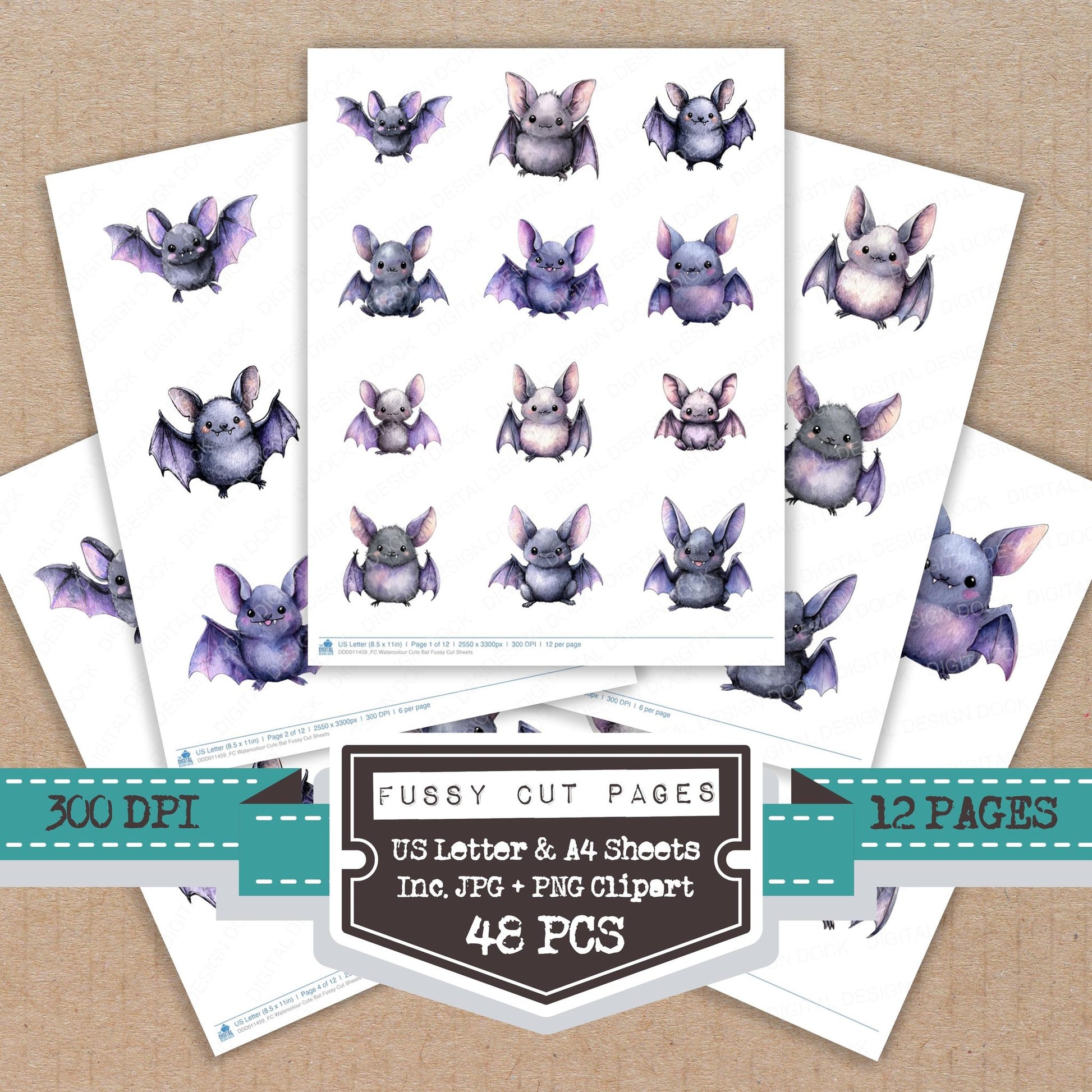 Watercolour Cute Bat fussy cut printable sheets for junk journaling, scrapbooking, and paper craft projects