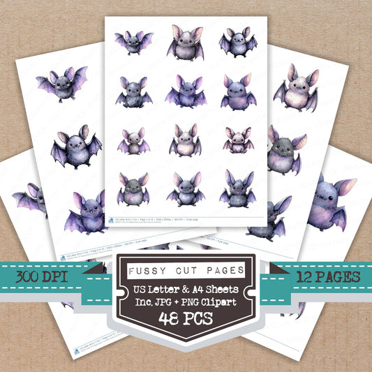 Watercolour Cute Bat fussy cut printable sheets for junk journaling, scrapbooking, and paper craft projects