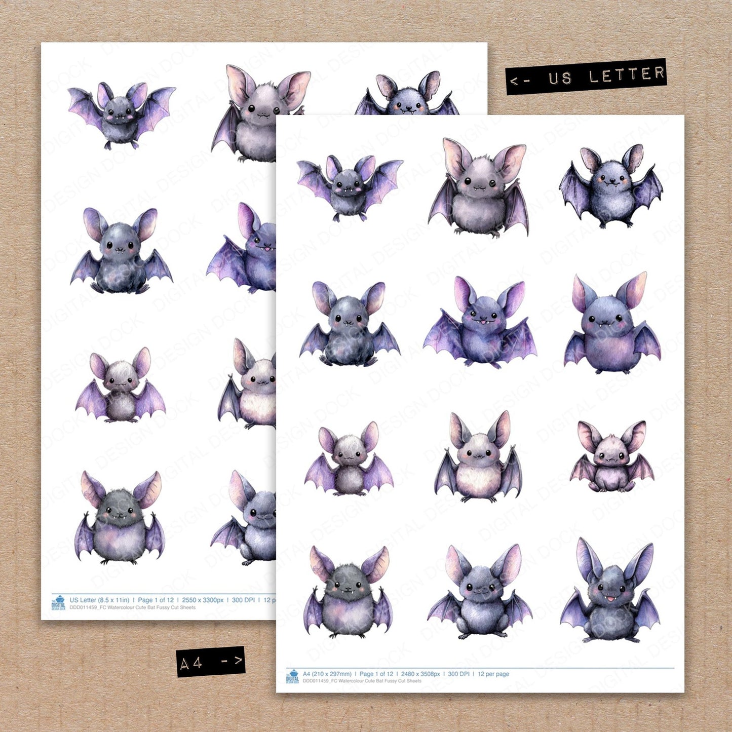 A4 and US Letter format comparison showing Watercolour Cute Bat fussy cut pages for print and cut crafting