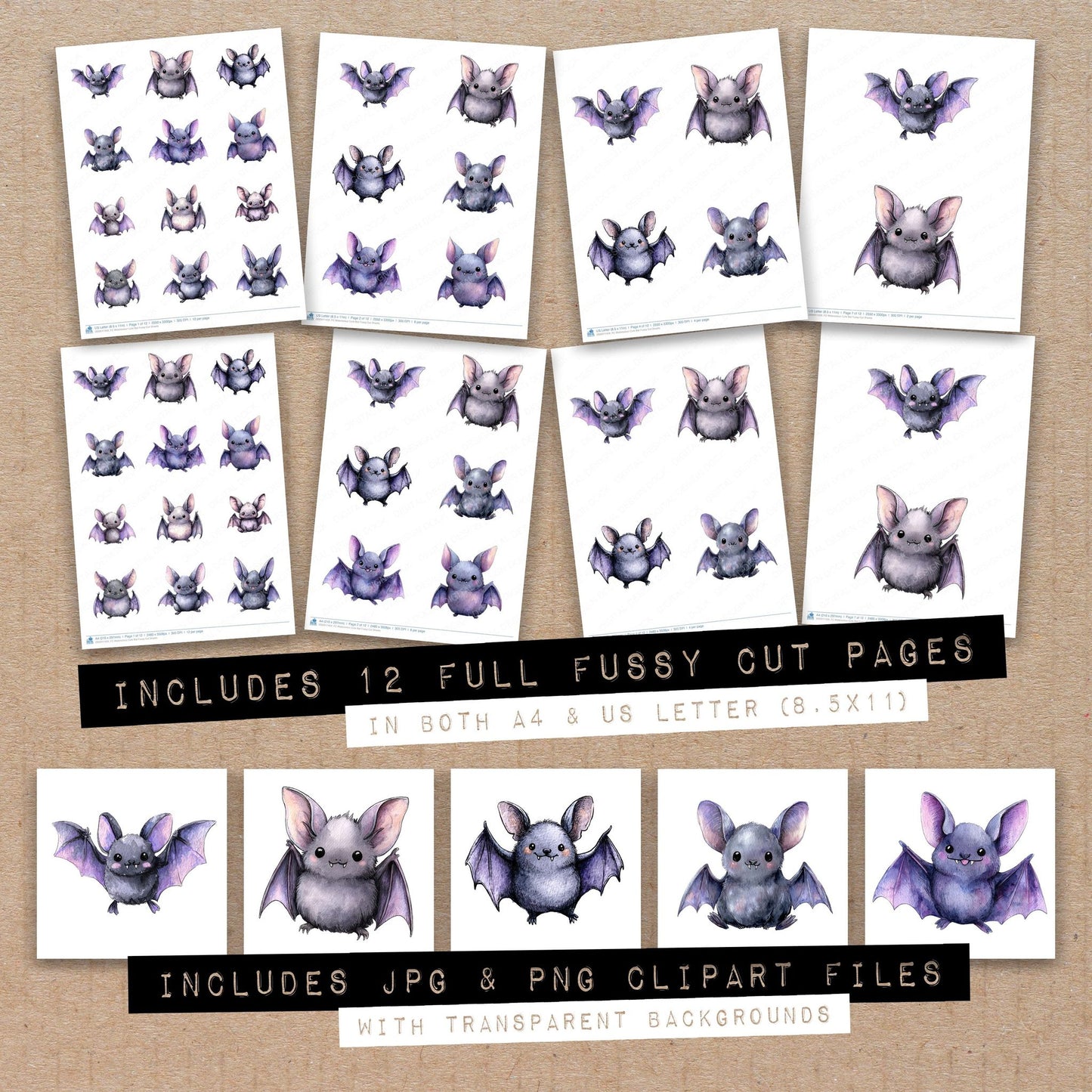 Full collection view of Watercolour Cute Bat fussy cut sheets with bonus clipart JPG and PNG files