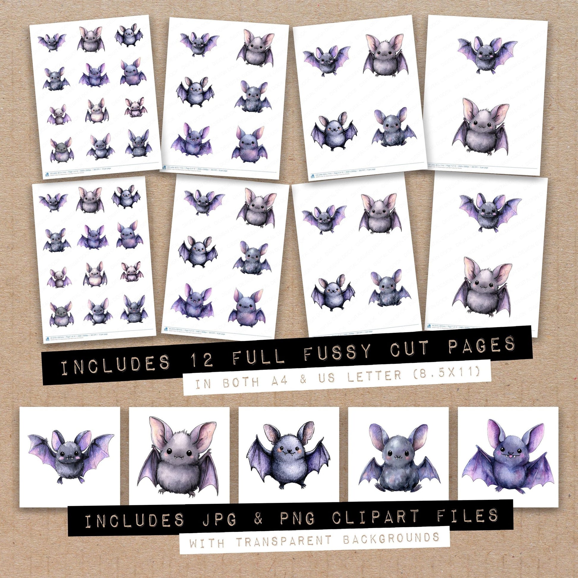 Full collection view of Watercolour Cute Bat fussy cut sheets with bonus clipart JPG and PNG files