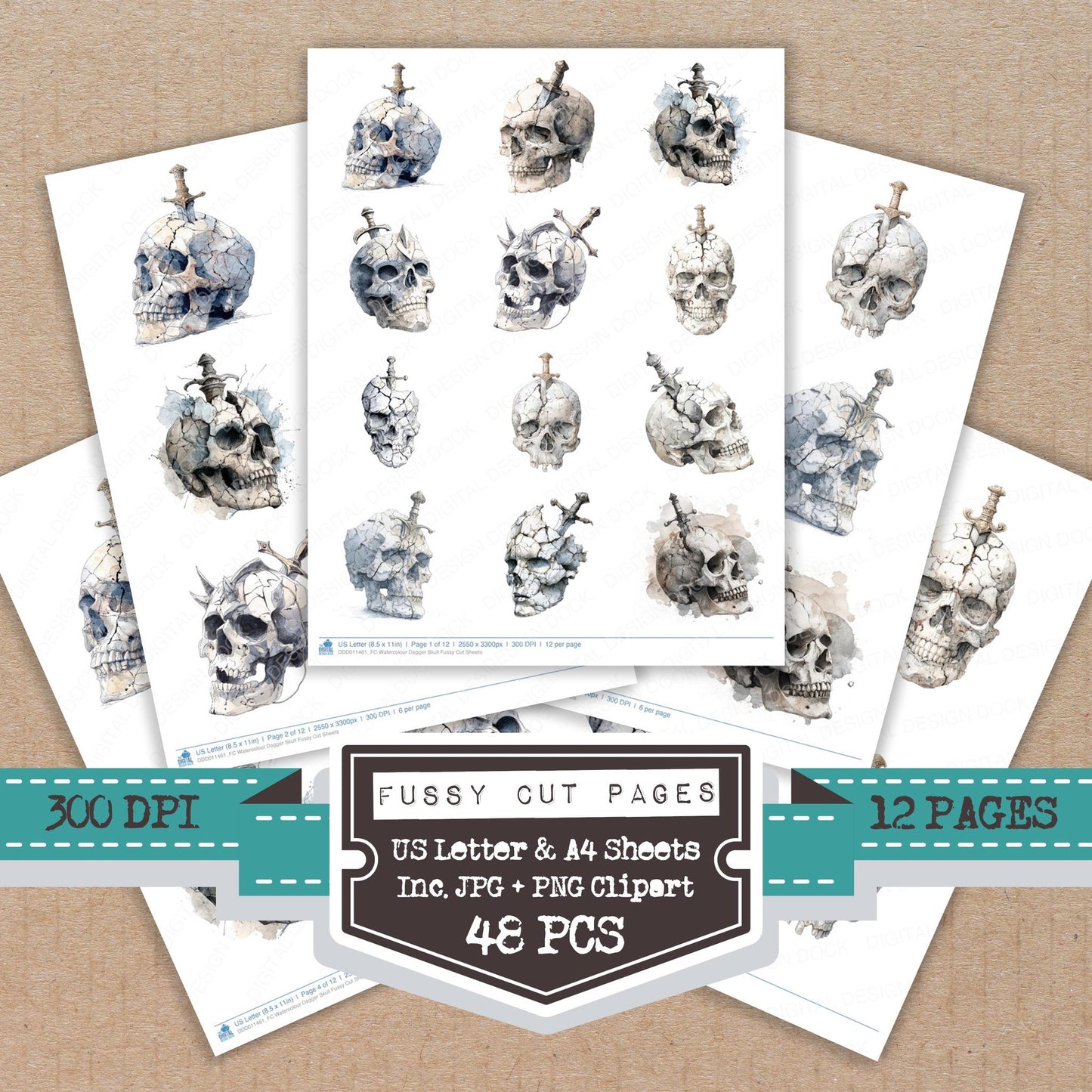 Watercolour Dagger Skull fussy cut printable sheets for junk journaling, scrapbooking, and paper craft projects