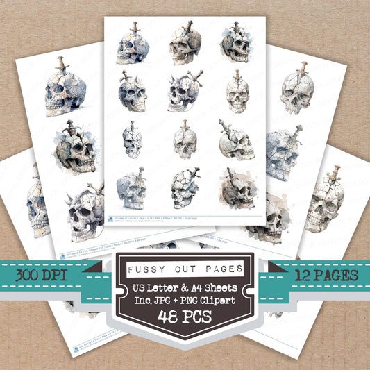 Watercolour Dagger Skull fussy cut printable sheets for junk journaling, scrapbooking, and paper craft projects