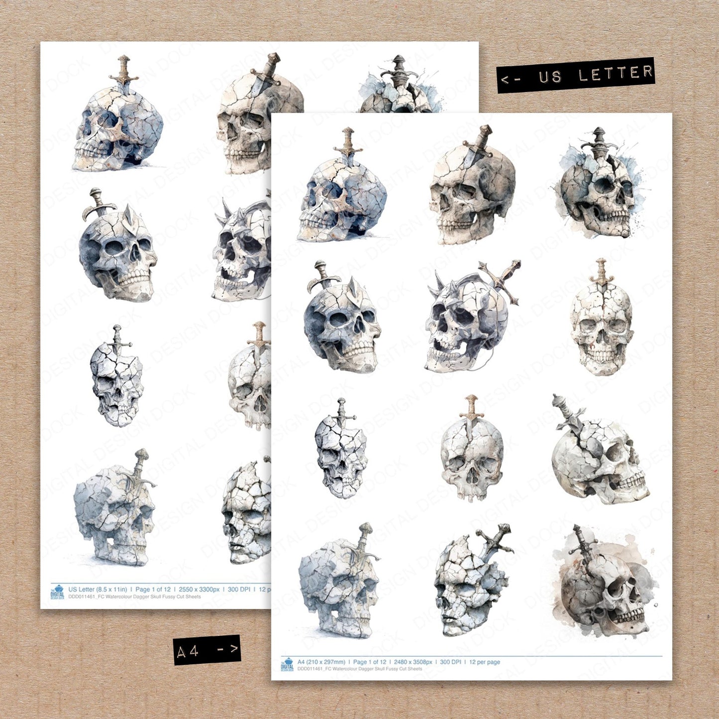 A4 and US Letter format comparison showing Watercolour Dagger Skull fussy cut pages for print and cut crafting