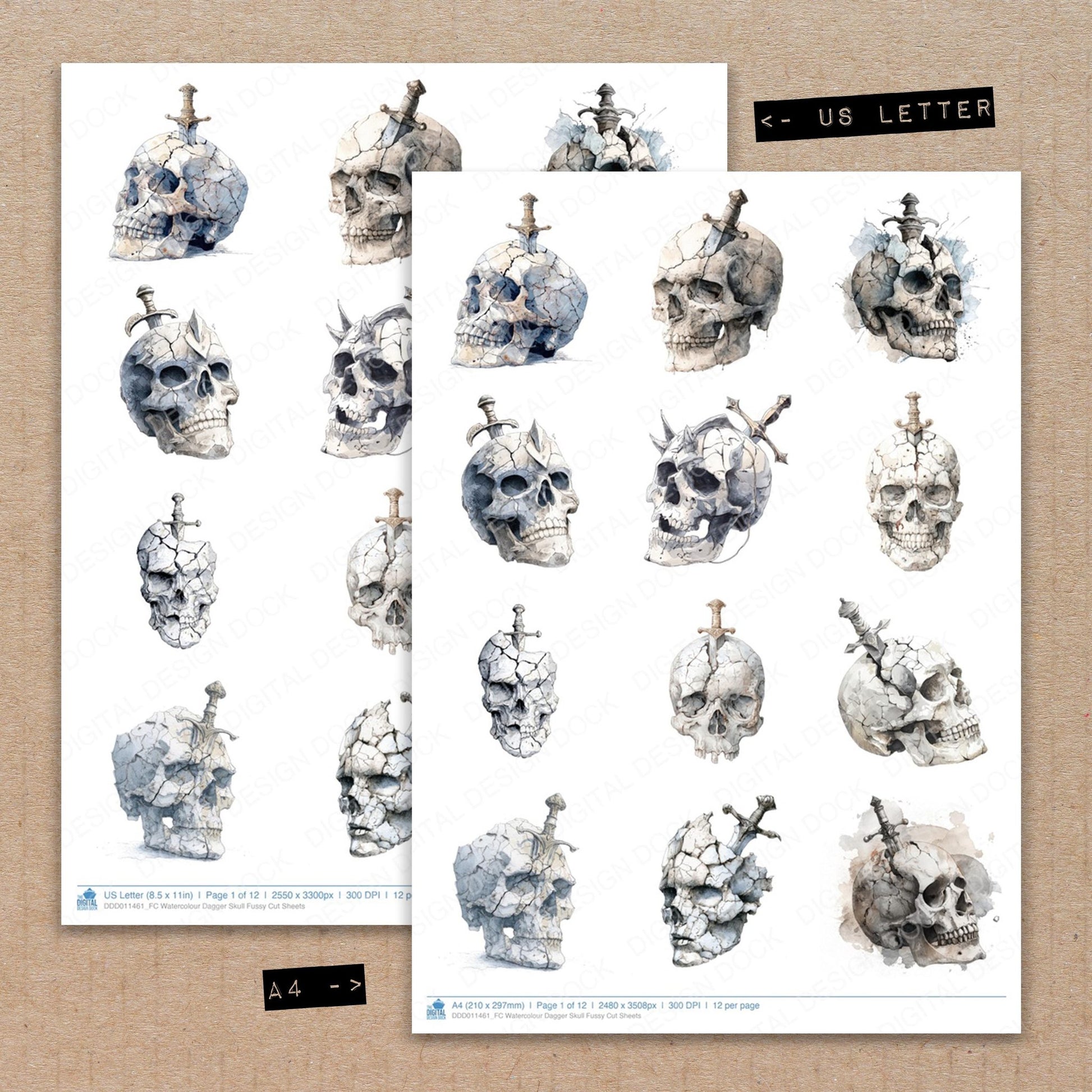 A4 and US Letter format comparison showing Watercolour Dagger Skull fussy cut pages for print and cut crafting