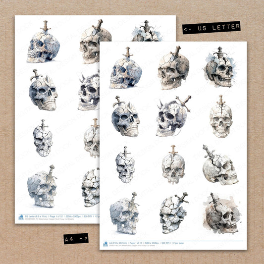 A4 and US Letter format comparison showing Watercolour Dagger Skull fussy cut pages for print and cut crafting