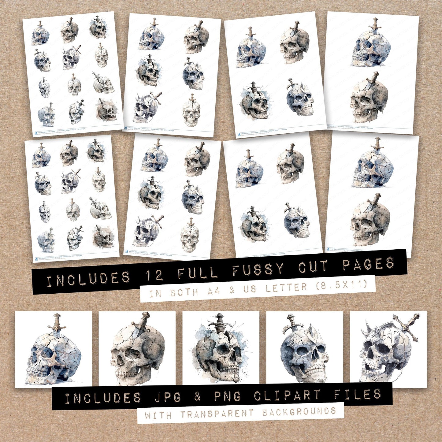 Full collection view of Watercolour Dagger Skull fussy cut sheets with bonus clipart JPG and PNG files