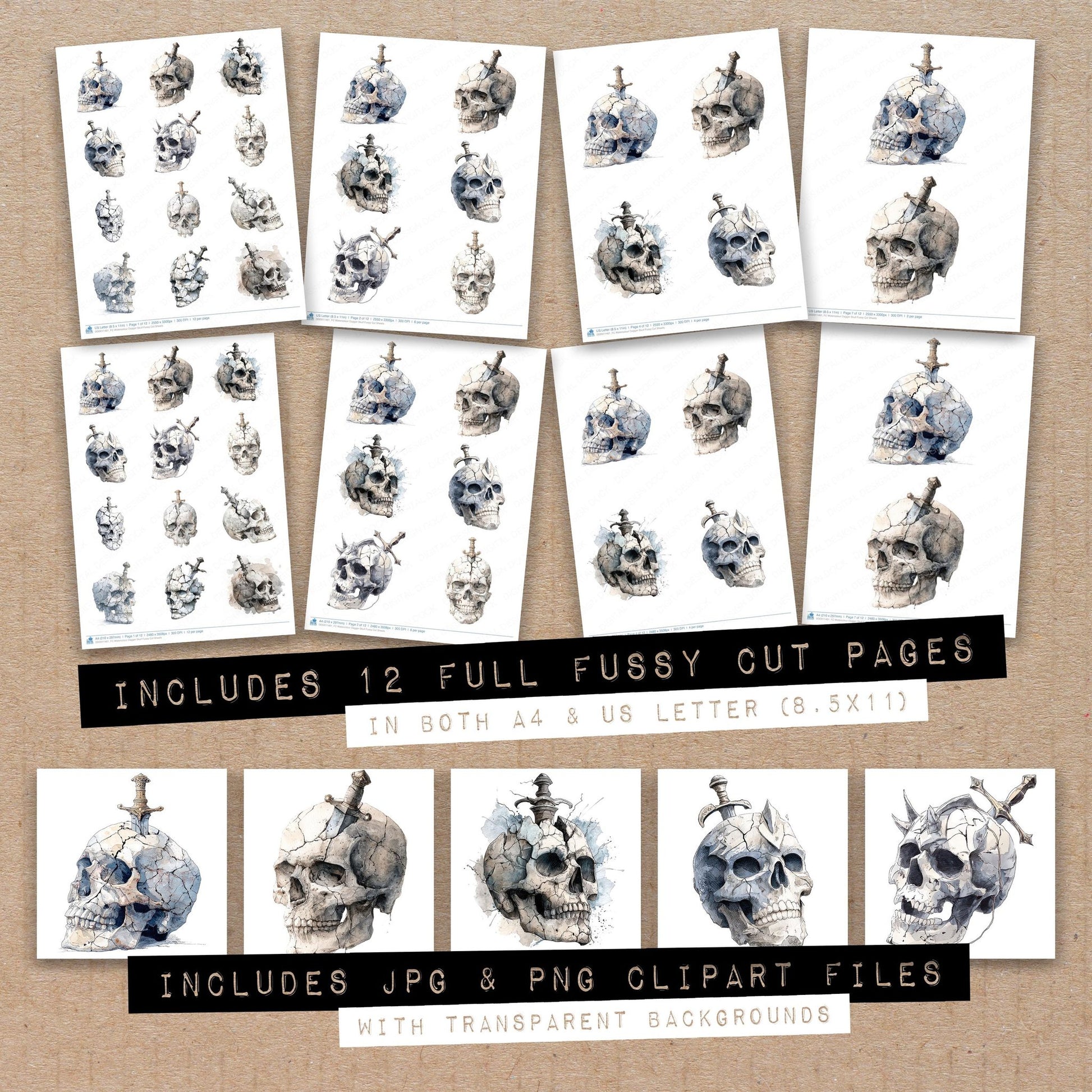 Full collection view of Watercolour Dagger Skull fussy cut sheets with bonus clipart JPG and PNG files