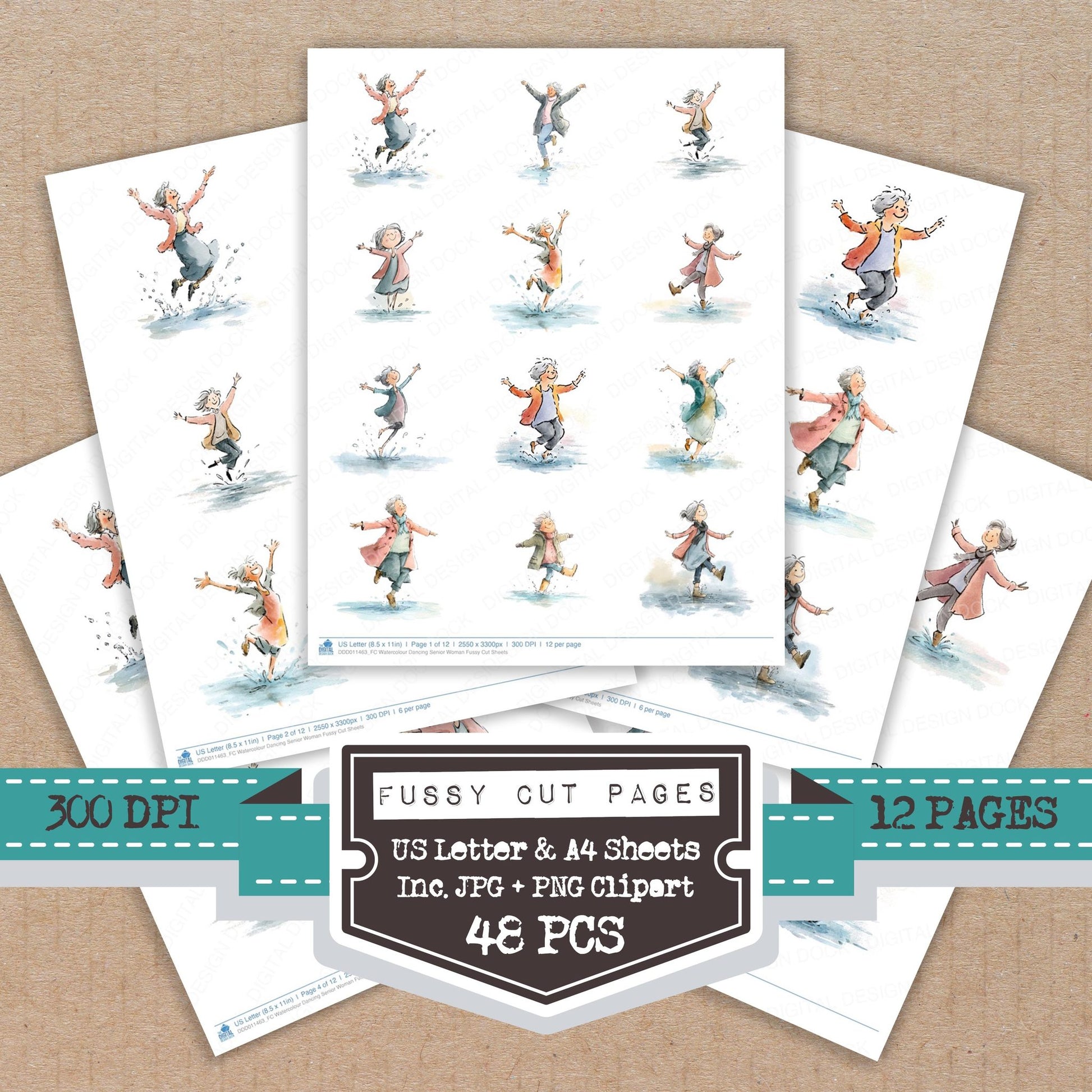 Watercolour Dancing Senior Woman fussy cut printable sheets for junk journaling, scrapbooking, and paper craft projects