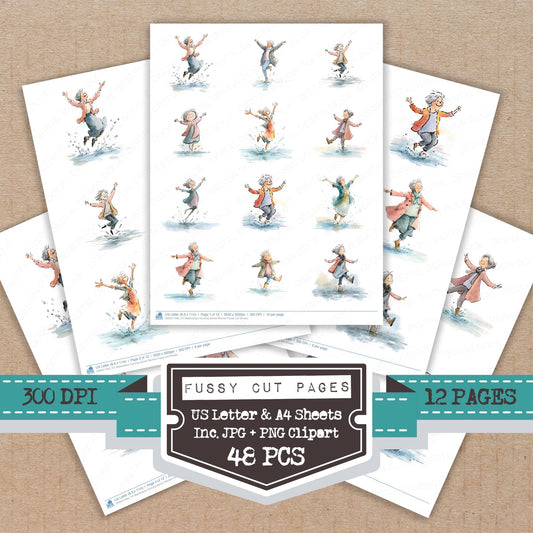 Watercolour Dancing Senior Woman fussy cut printable sheets for junk journaling, scrapbooking, and paper craft projects