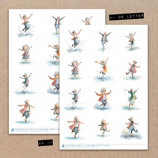 A4 and US Letter format comparison showing Watercolour Dancing Senior Woman fussy cut pages for print and cut crafting