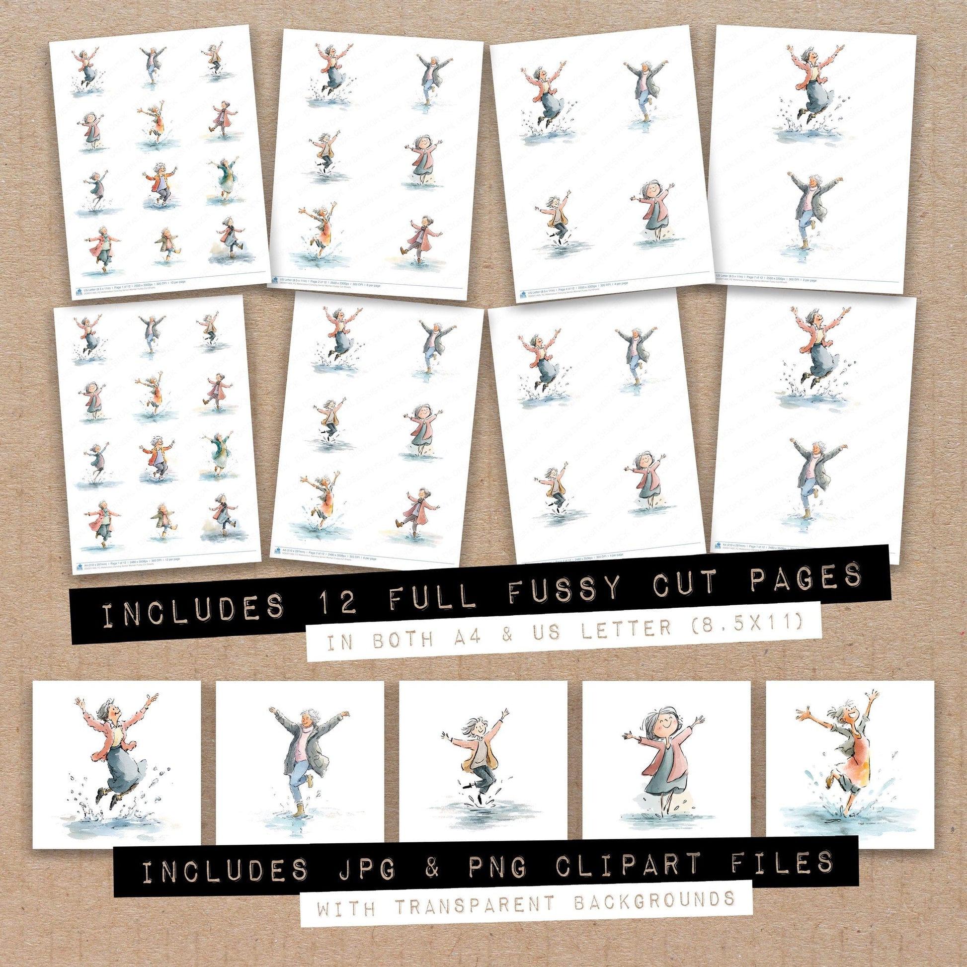 Full collection view of Watercolour Dancing Senior Woman fussy cut sheets with bonus clipart JPG and PNG files