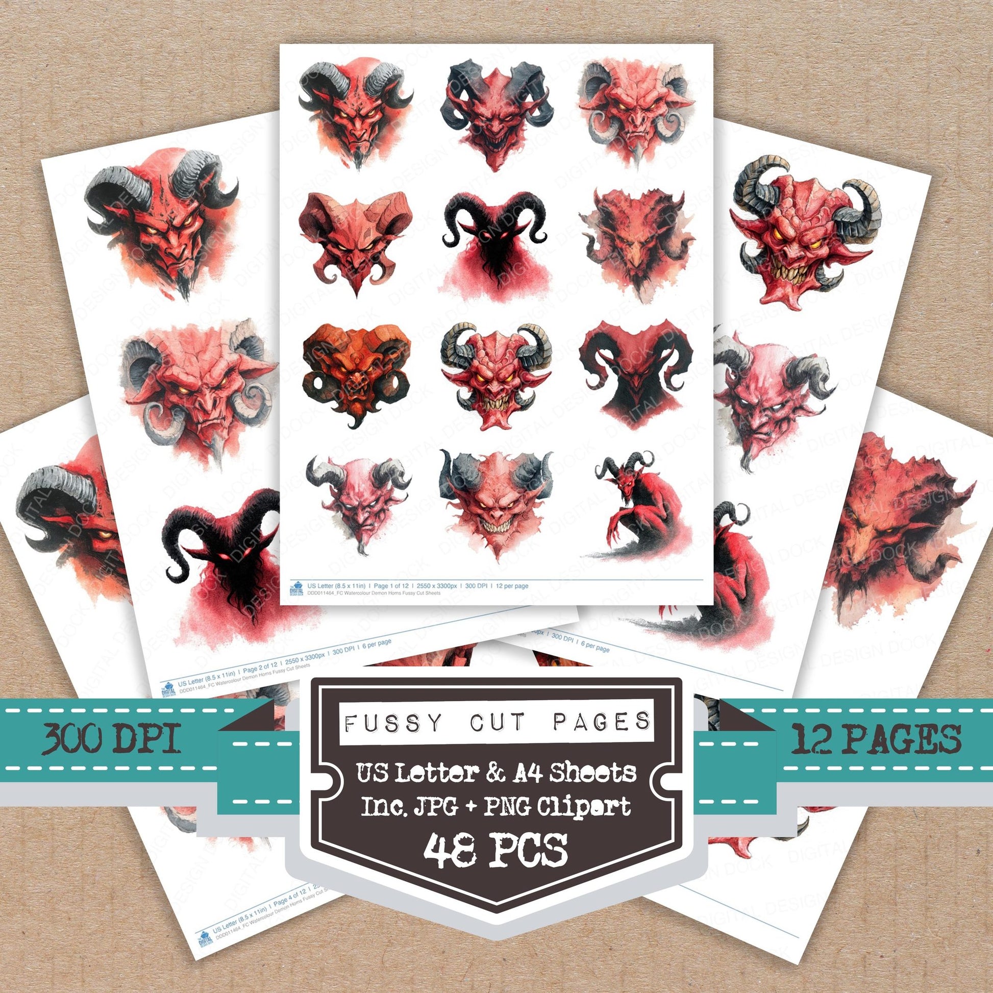 Watercolour Demon Horns fussy cut printable sheets for junk journaling, scrapbooking, and paper craft projects