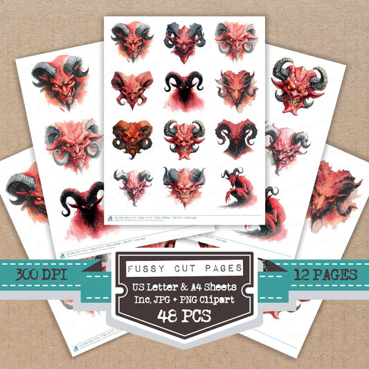 Watercolour Demon Horns fussy cut printable sheets for junk journaling, scrapbooking, and paper craft projects