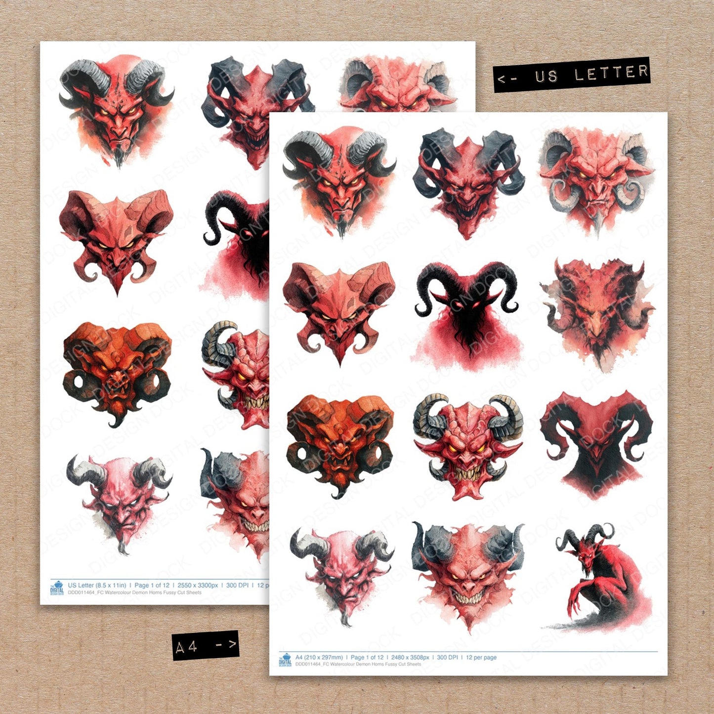 A4 and US Letter format comparison showing Watercolour Demon Horns fussy cut pages for print and cut crafting
