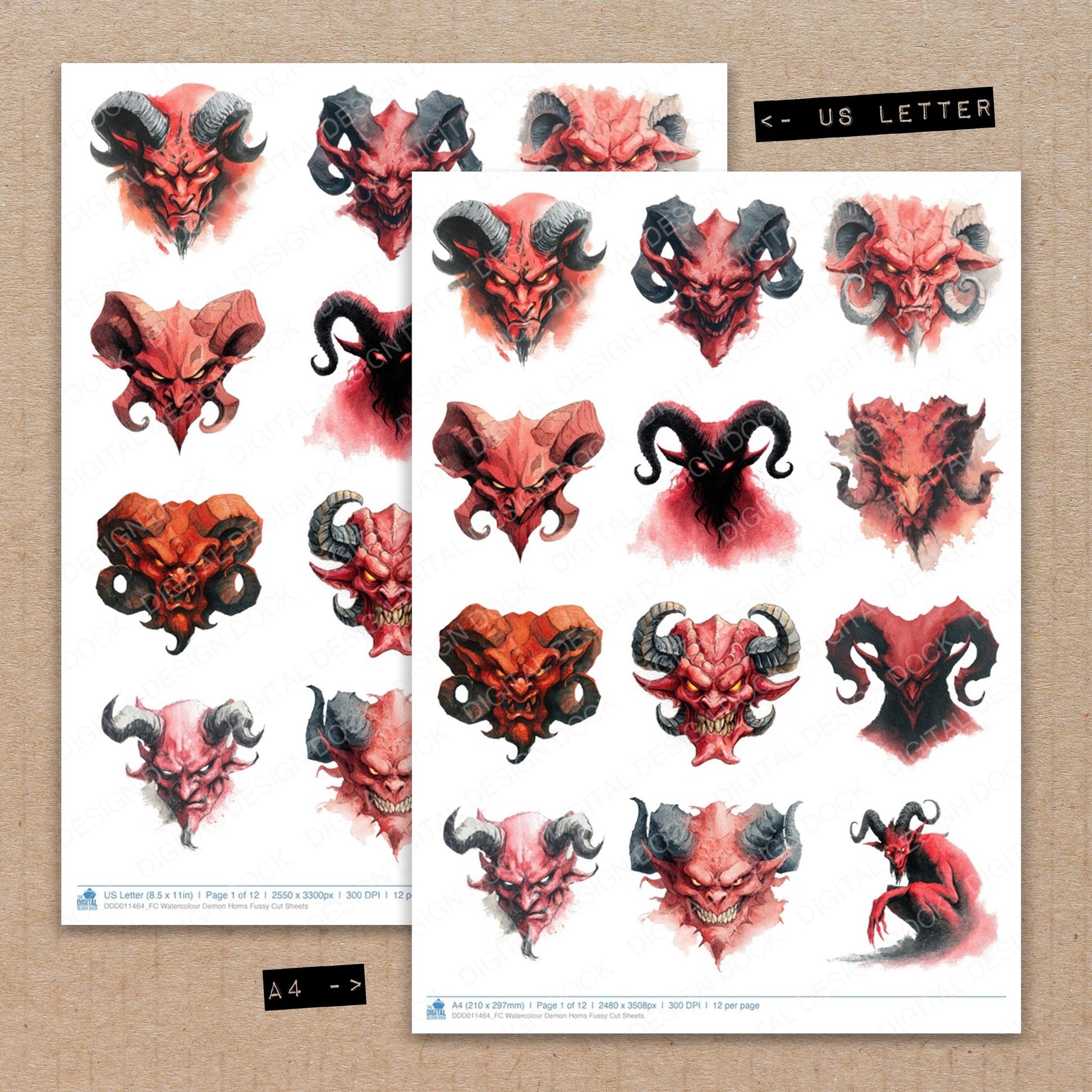 A4 and US Letter format comparison showing Watercolour Demon Horns fussy cut pages for print and cut crafting