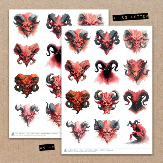A4 and US Letter format comparison showing Watercolour Demon Horns fussy cut pages for print and cut crafting