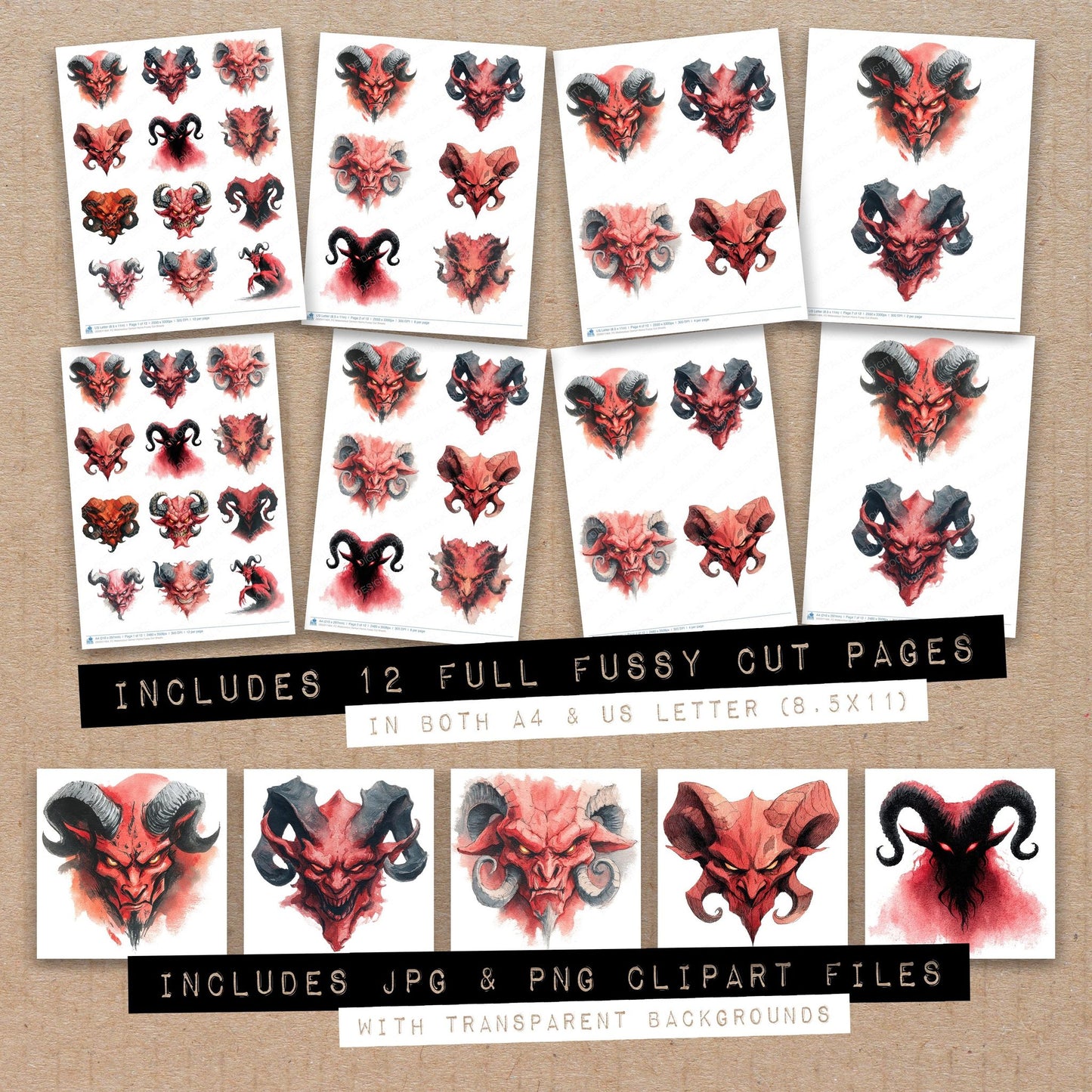 Full collection view of Watercolour Demon Horns fussy cut sheets with bonus clipart JPG and PNG files
