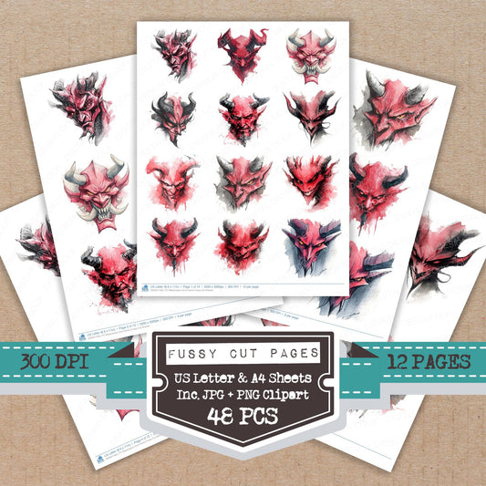 Watercolour Devil Horns fussy cut printable sheets for junk journaling, scrapbooking, and paper craft projects