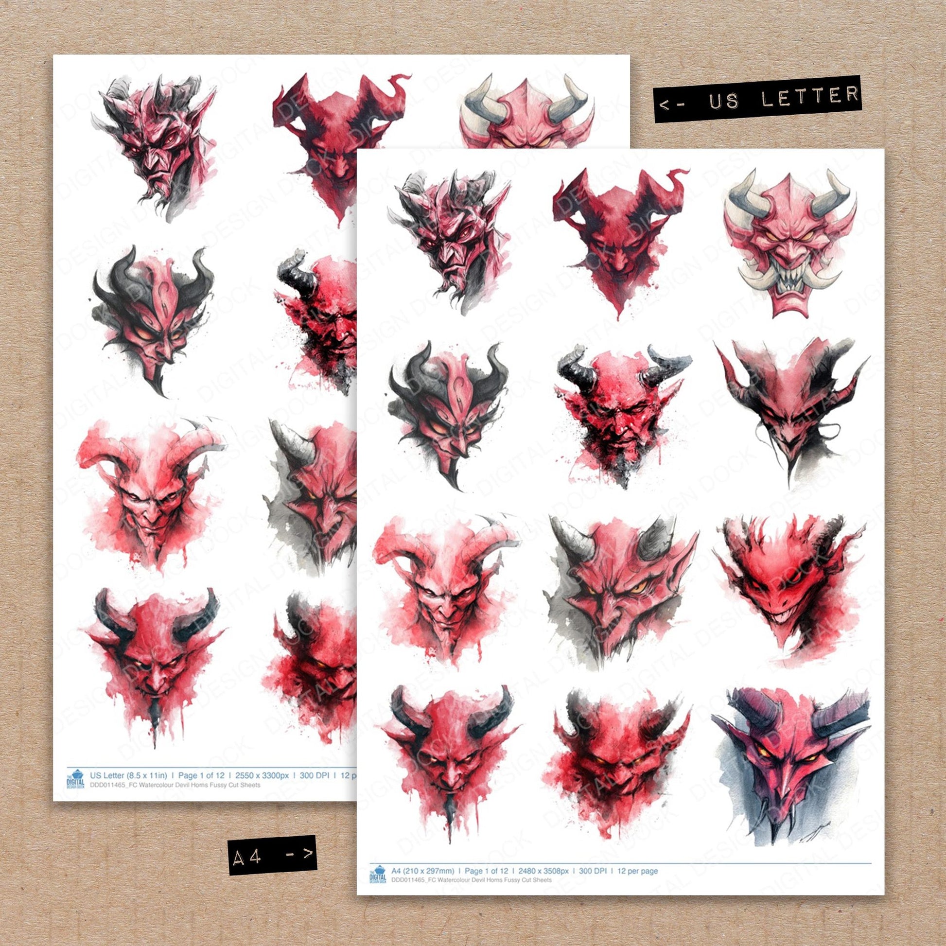 A4 and US Letter format comparison showing Watercolour Devil Horns fussy cut pages for print and cut crafting
