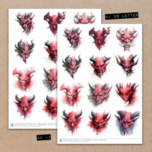 A4 and US Letter format comparison showing Watercolour Devil Horns fussy cut pages for print and cut crafting