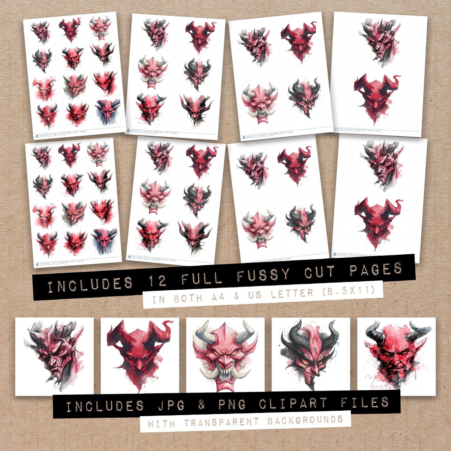 Full collection view of Watercolour Devil Horns fussy cut sheets with bonus clipart JPG and PNG files